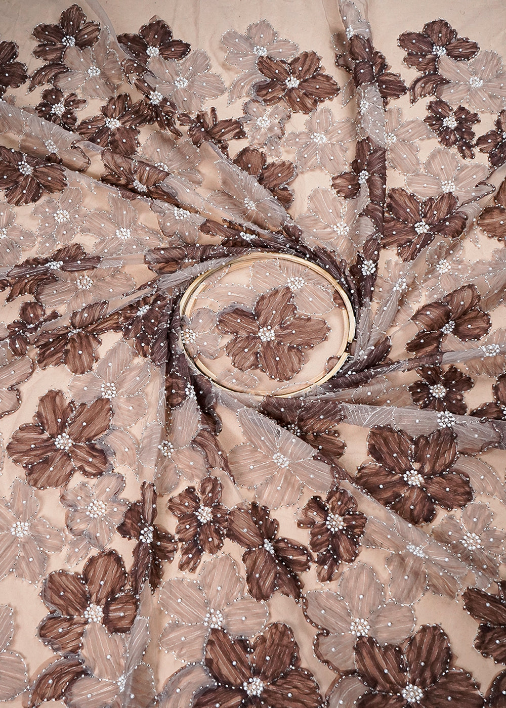 Coffee Imported Net Fabric With All Over Applique Work With Bead And Pearl 16606