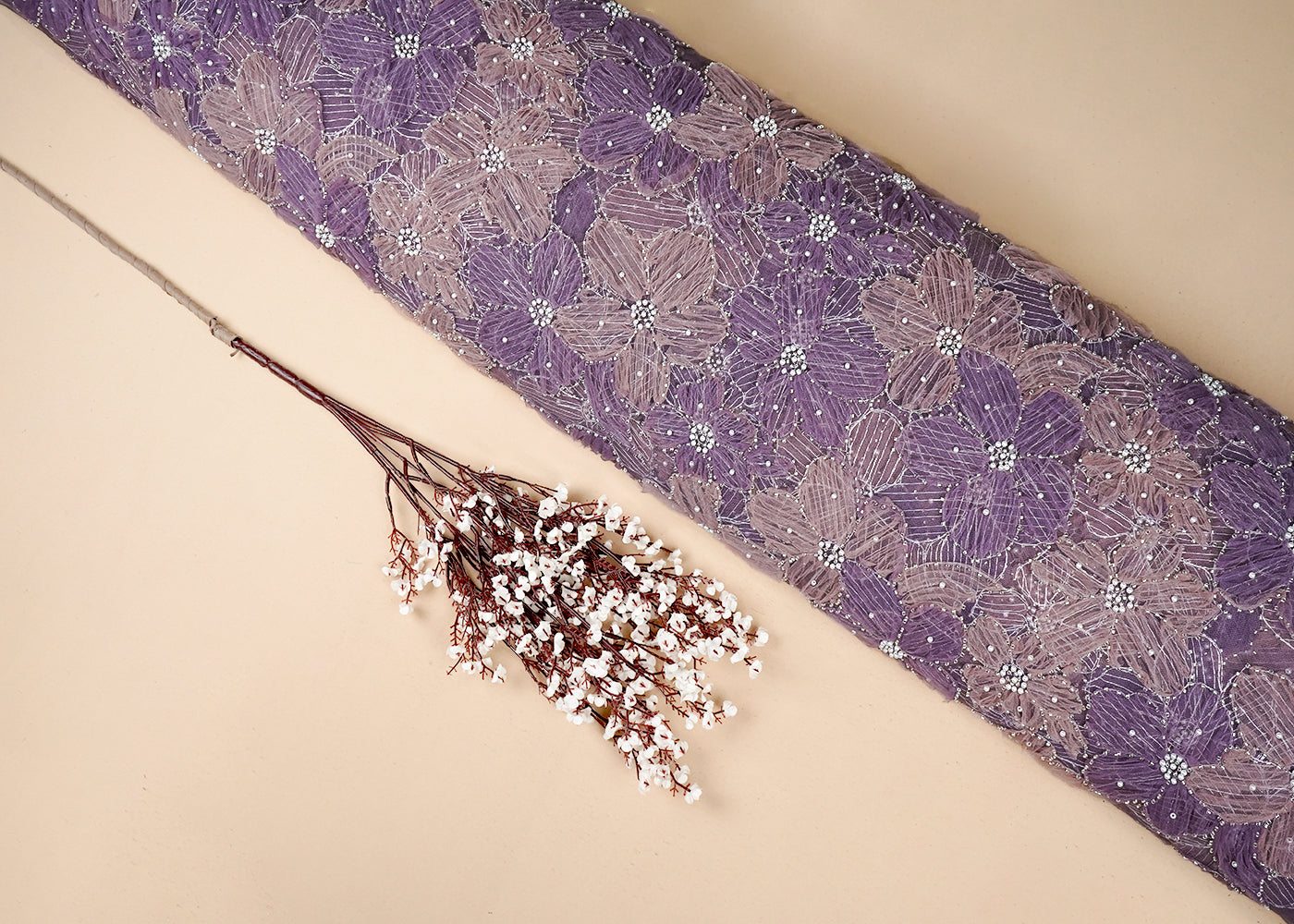 Onion Imported Net Fabric With All Over Applique Work With Bead And Pearl 16608