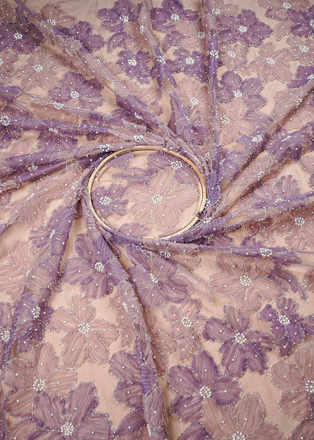 Onion Imported Net Fabric With All Over Applique Work With Bead And Pearl 16608