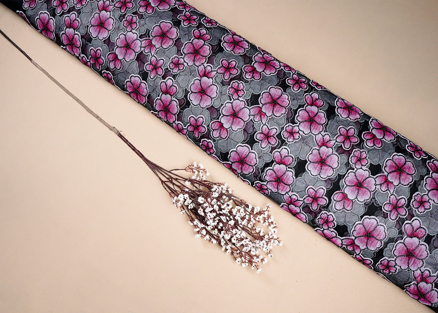 Pink Imported Net Fabric With All Over Applique Work With Bead And Pearl 16610