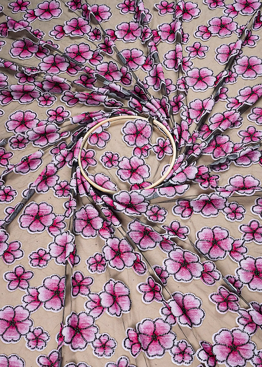 Pink Imported Net Fabric With All Over Applique Work With Bead And Pearl 16610