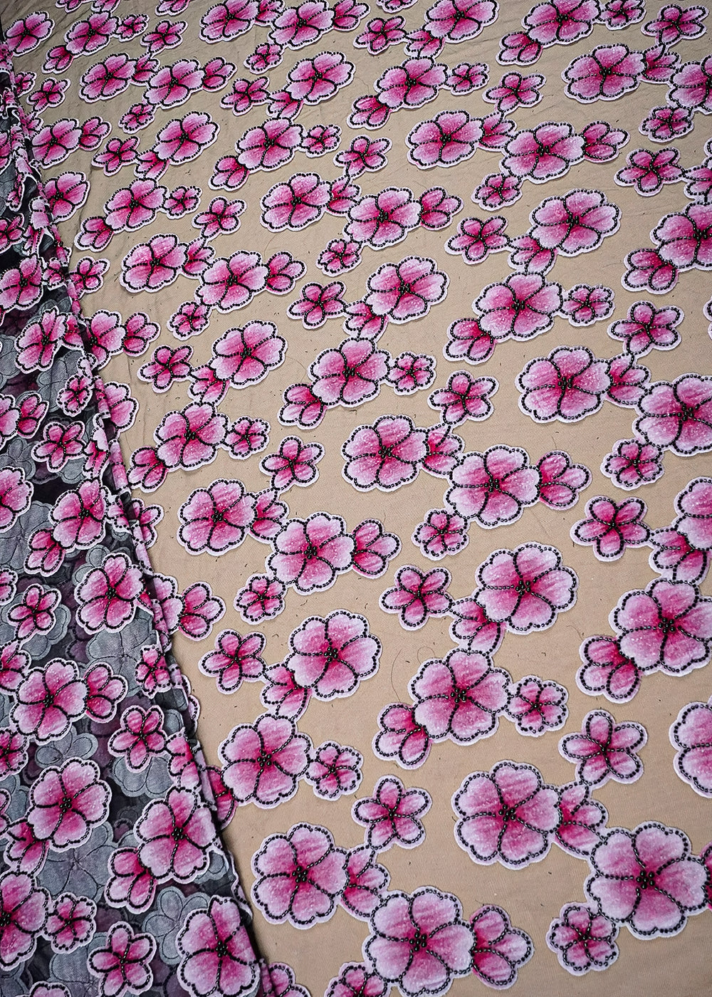 Pink Imported Net Fabric With All Over Applique Work With Bead And Pearl 16610