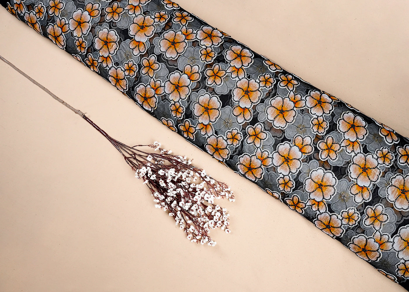 Mustard Imported Net Fabric With All Over Applique Work With Bead And Pearl 16611