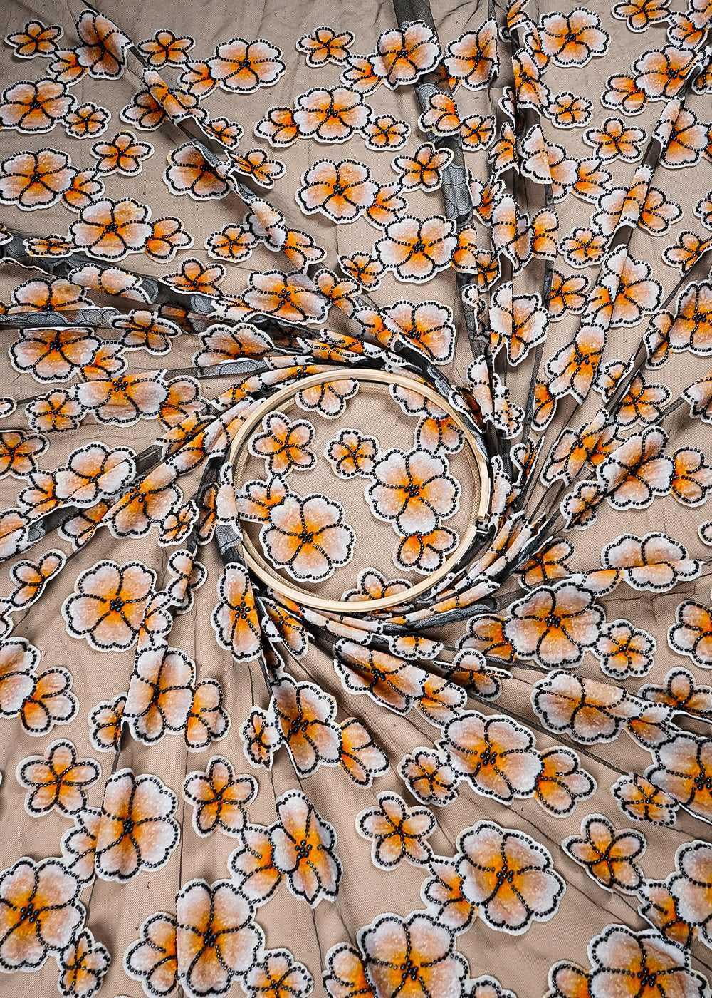 Mustard Imported Net Fabric With All Over Applique Work With Bead And Pearl 16611