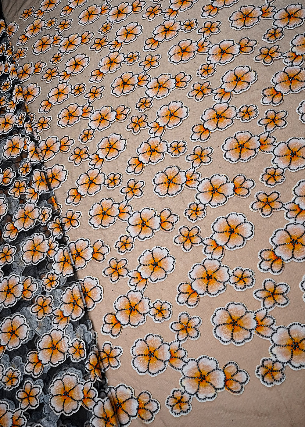 Mustard Imported Net Fabric With All Over Applique Work With Bead And Pearl 16611