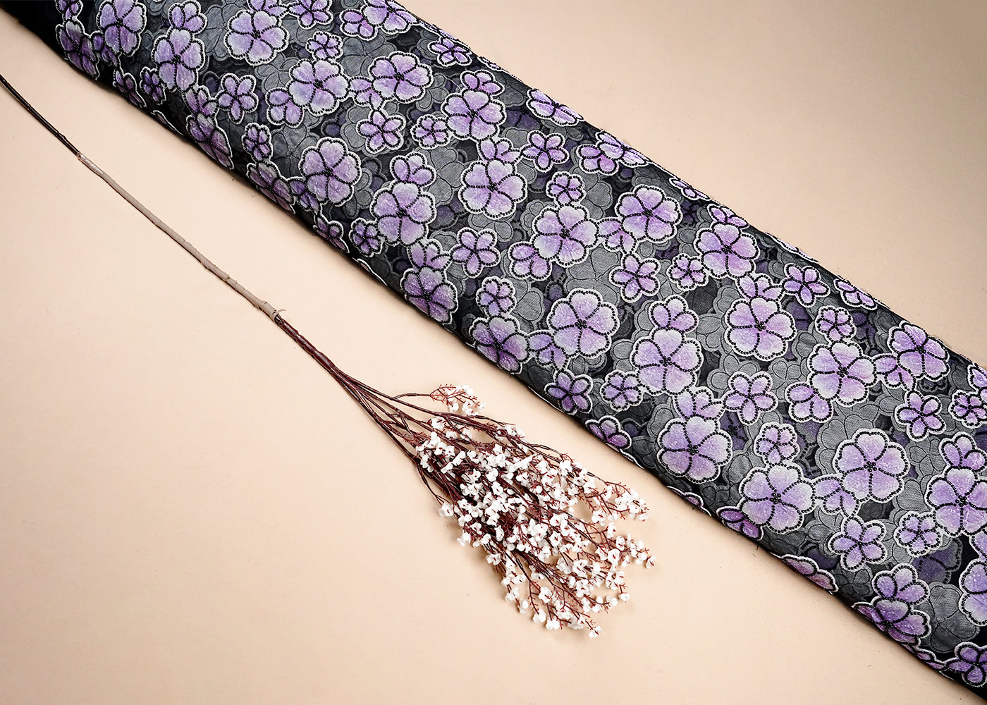 Lavender Imported Net Fabric With All Over Applique Work With Bead And Pearl 16612