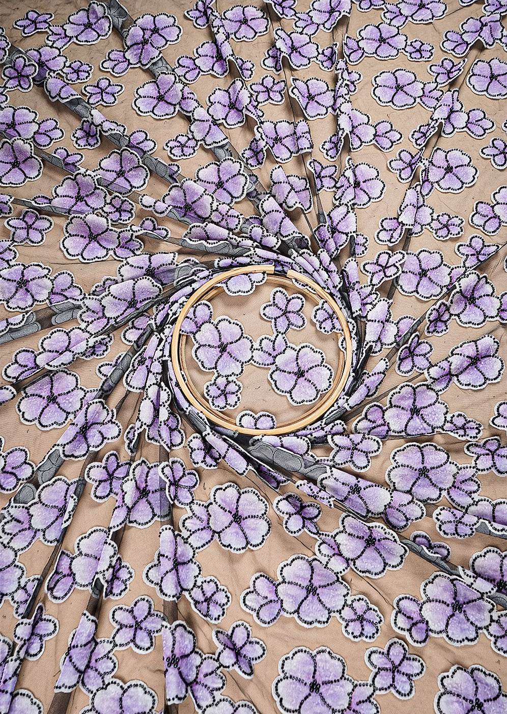 Lavender Imported Net Fabric With All Over Applique Work With Bead And Pearl 16612