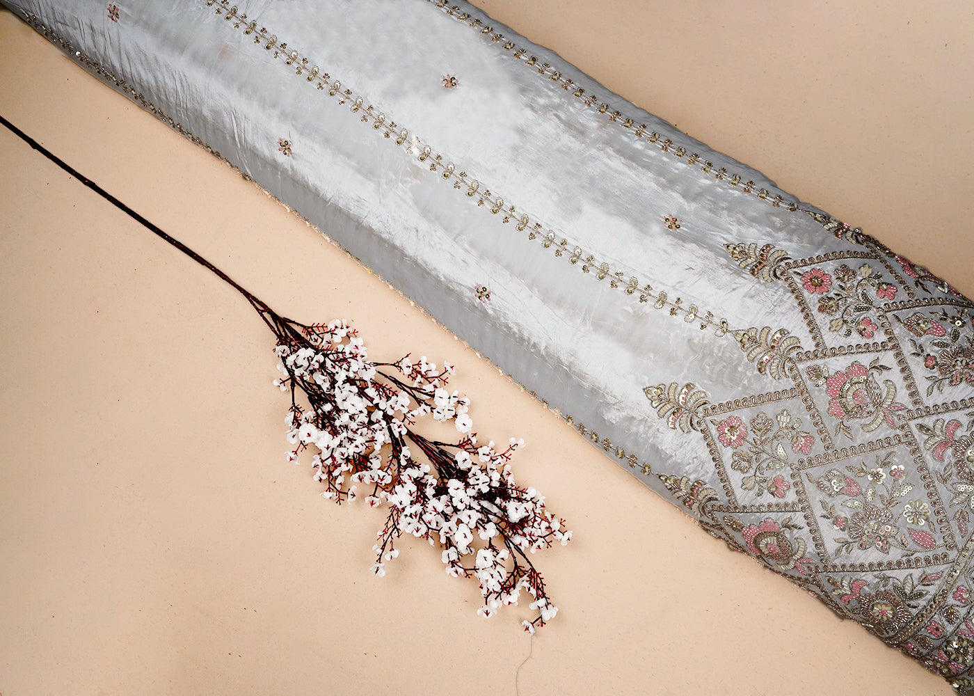 White Dyeable Crepe Fabric With All Over Sequins, Katdana And Zari Work With One Side Heavy Border 16622