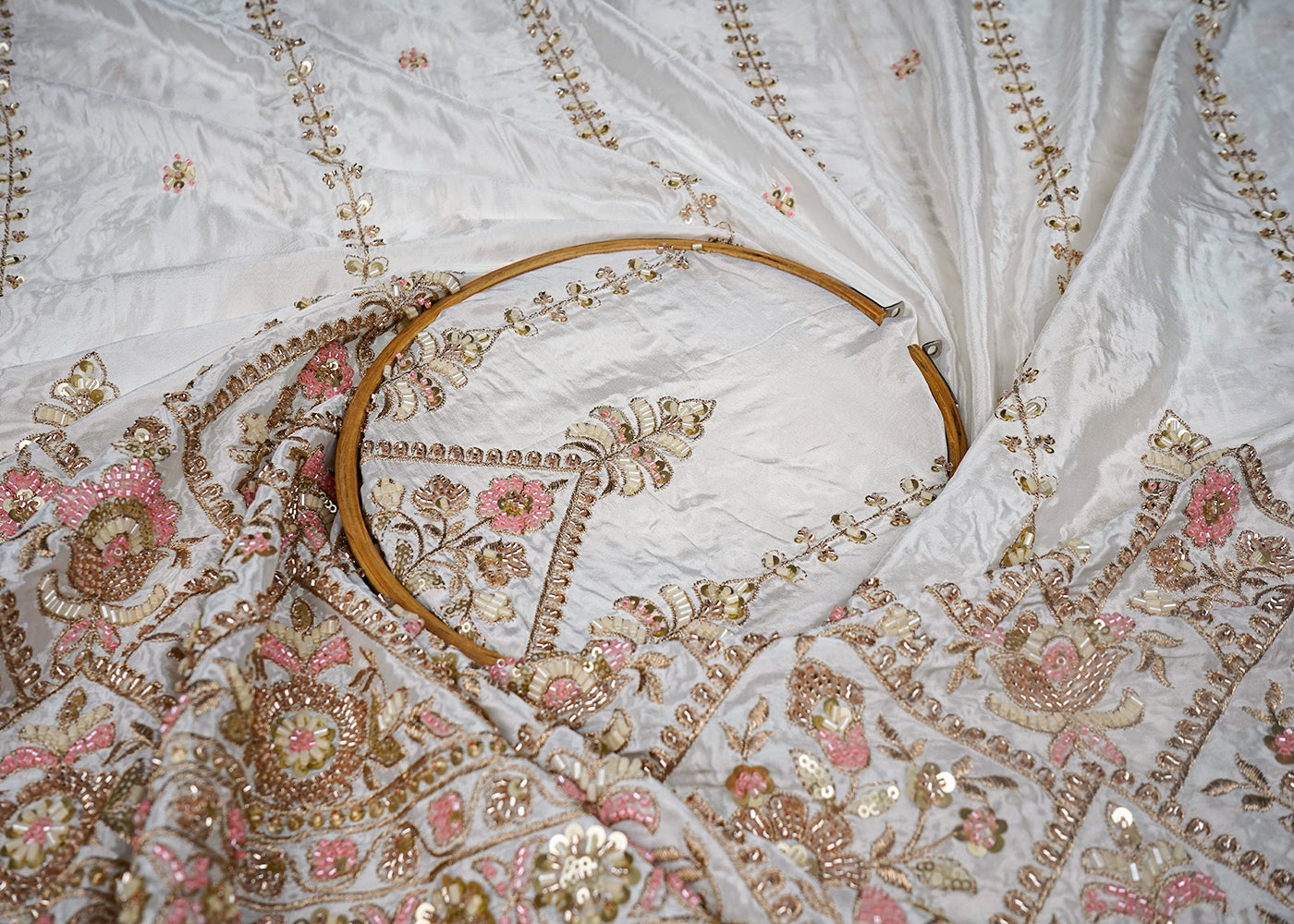 White Dyeable Crepe Fabric With All Over Sequins, Katdana And Zari Work With One Side Heavy Border 16622
