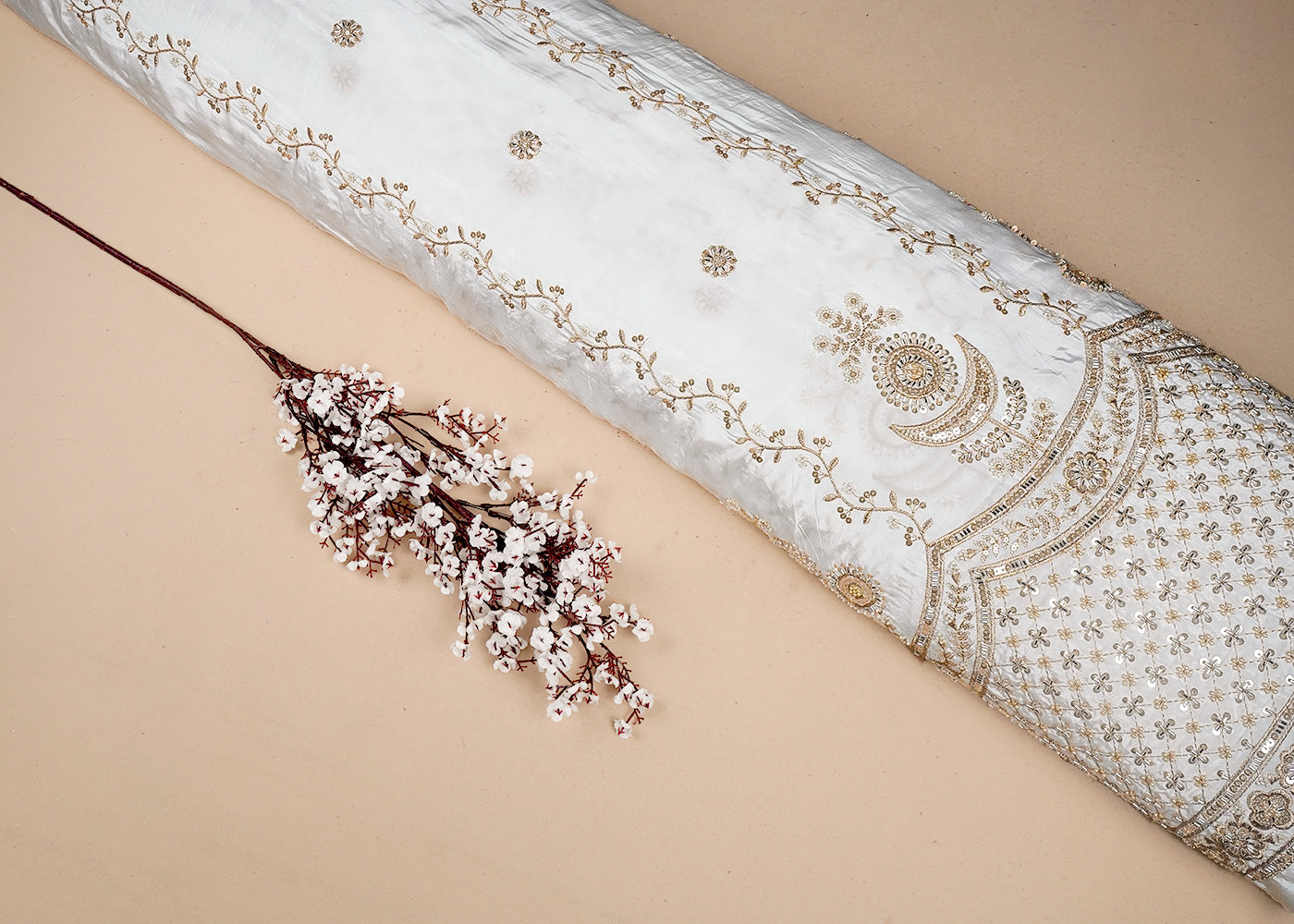 White Dyeable Crepe Fabric With All Over Sequins, Katdana And Zari Work With One Side Heavy Border 16624