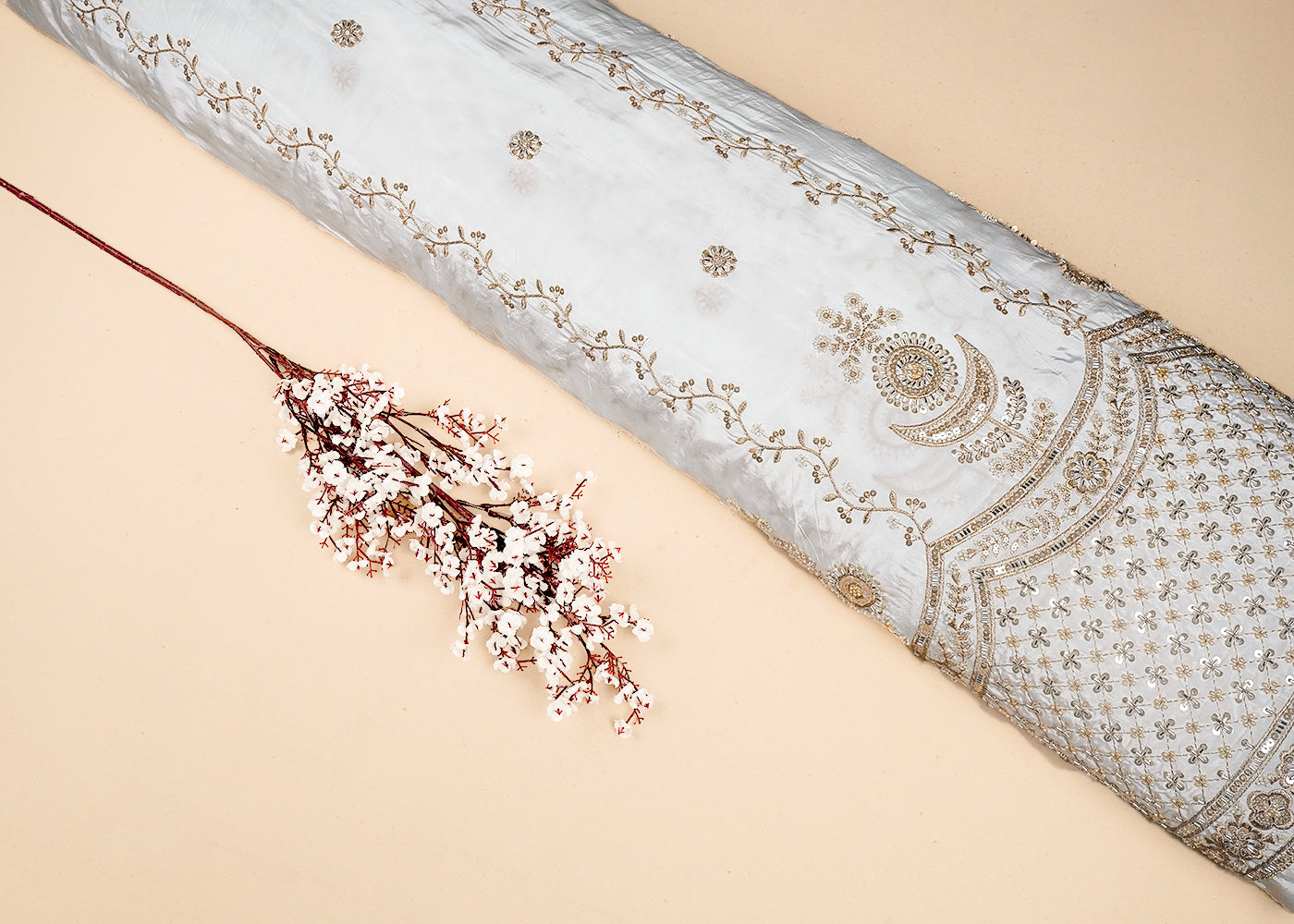 White Dyeable Crepe Fabric With All Over Sequins, Katdana And Zari Work With One Side Heavy Border 16624