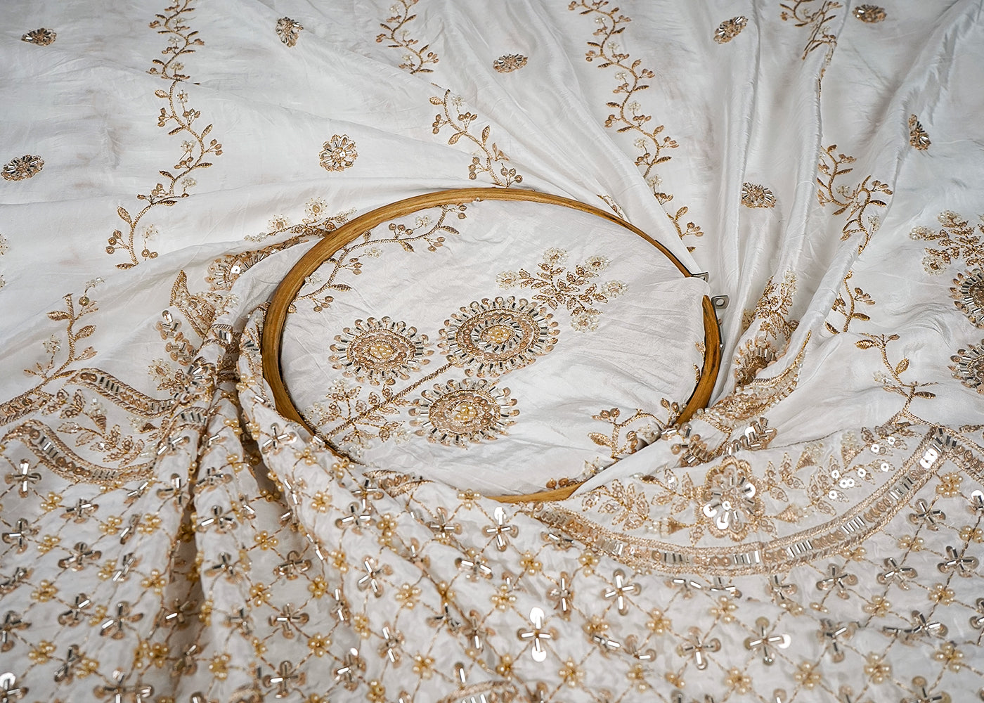 White Dyeable Crepe Fabric With All Over Sequins, Katdana And Zari Work With One Side Heavy Border 16624