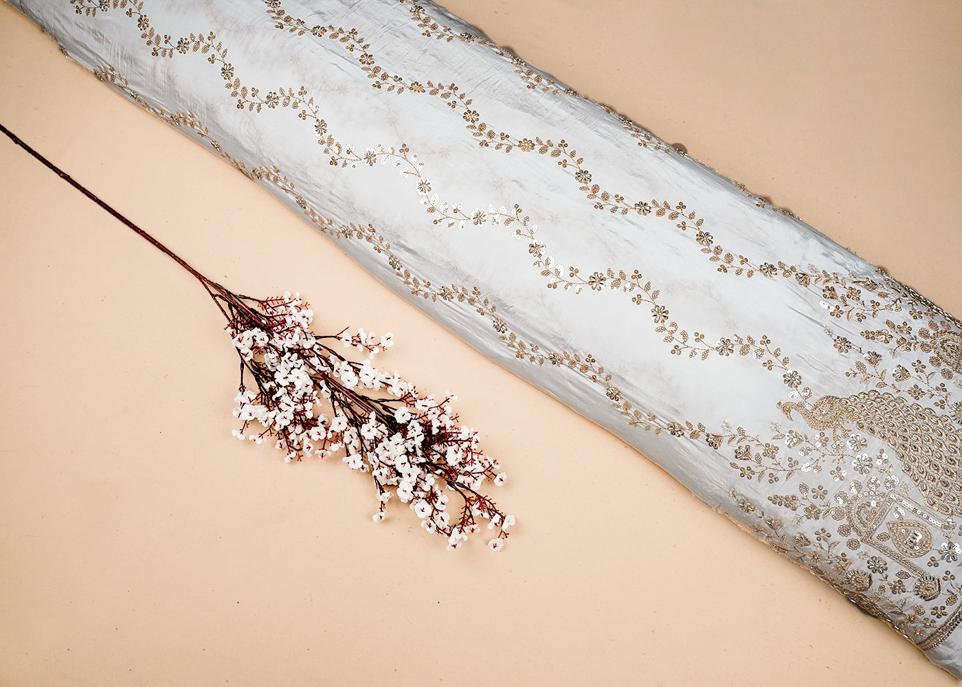 White Dyeable Crepe Fabric With All Over Sequins, Katdana And Zari Work With One Side Heavy Border 16625