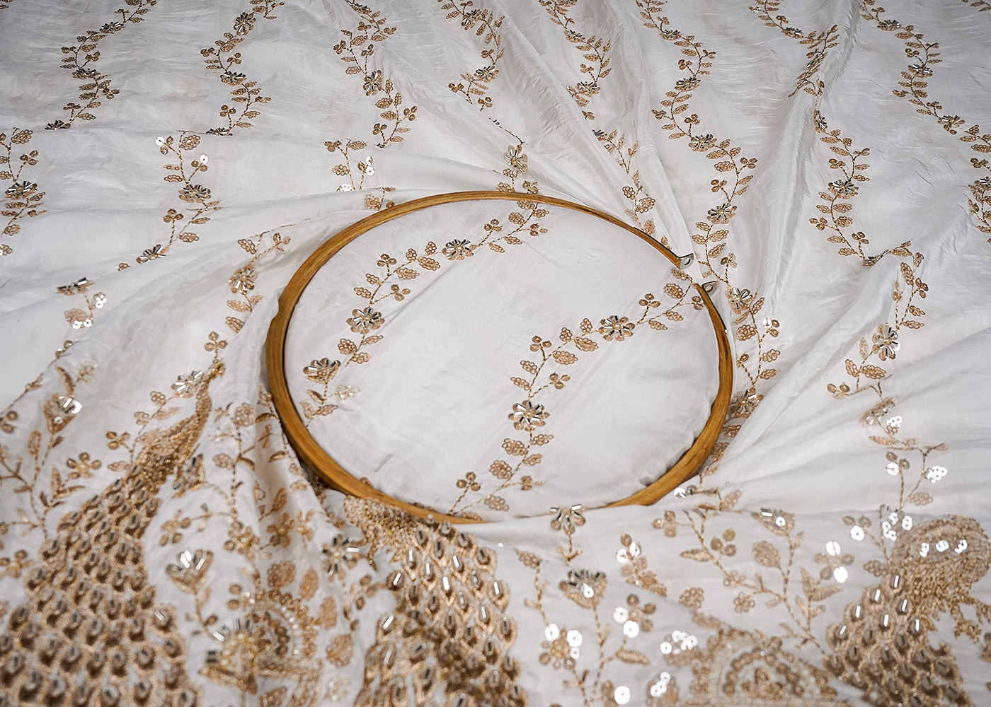White Dyeable Crepe Fabric With All Over Sequins, Katdana And Zari Work With One Side Heavy Border 16625