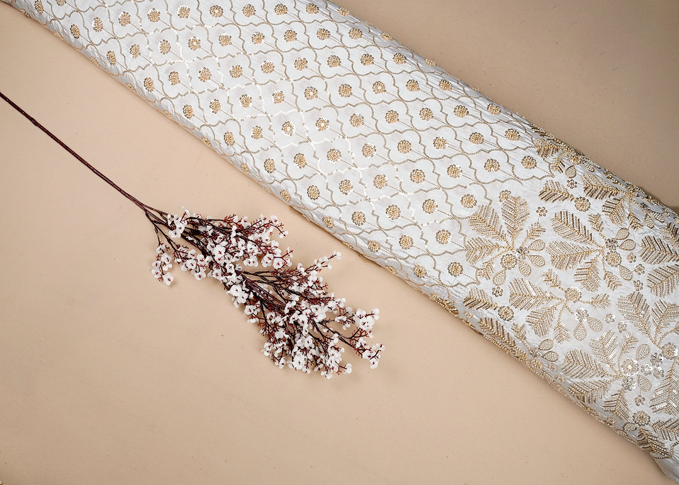 White Dyeable Crepe Fabric With All Over Sequins, Katdana And Zari Work With One Side Heavy Border 16626