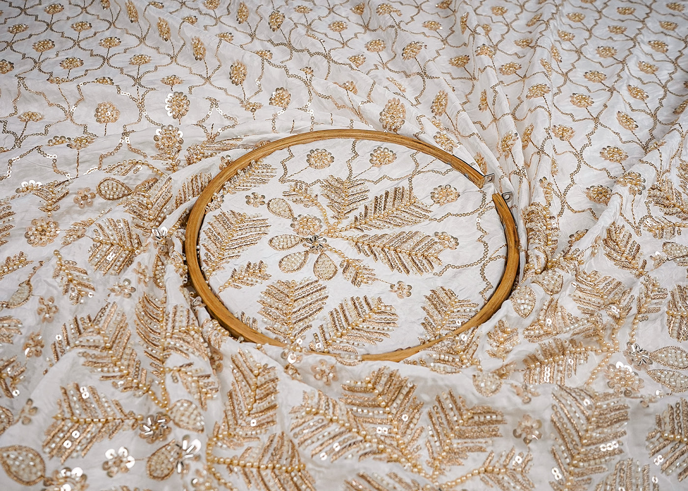 White Dyeable Crepe Fabric With All Over Sequins, Katdana And Zari Work With One Side Heavy Border 16626