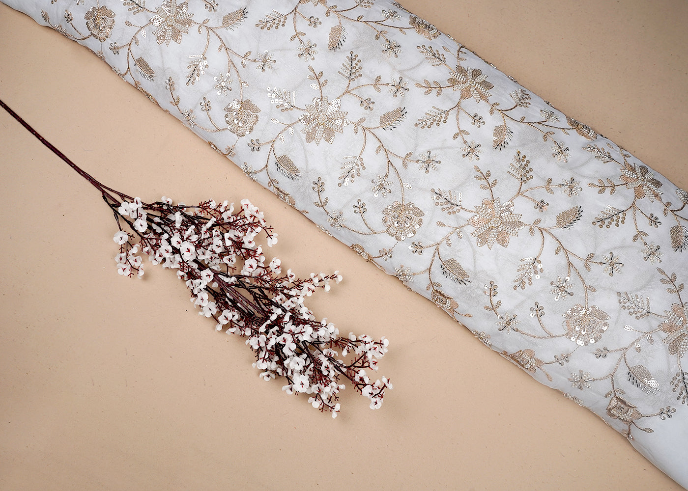 White Dyeable Georgette Fabric With All Over Sequins, Bead, Katdana And Zari Work 16627