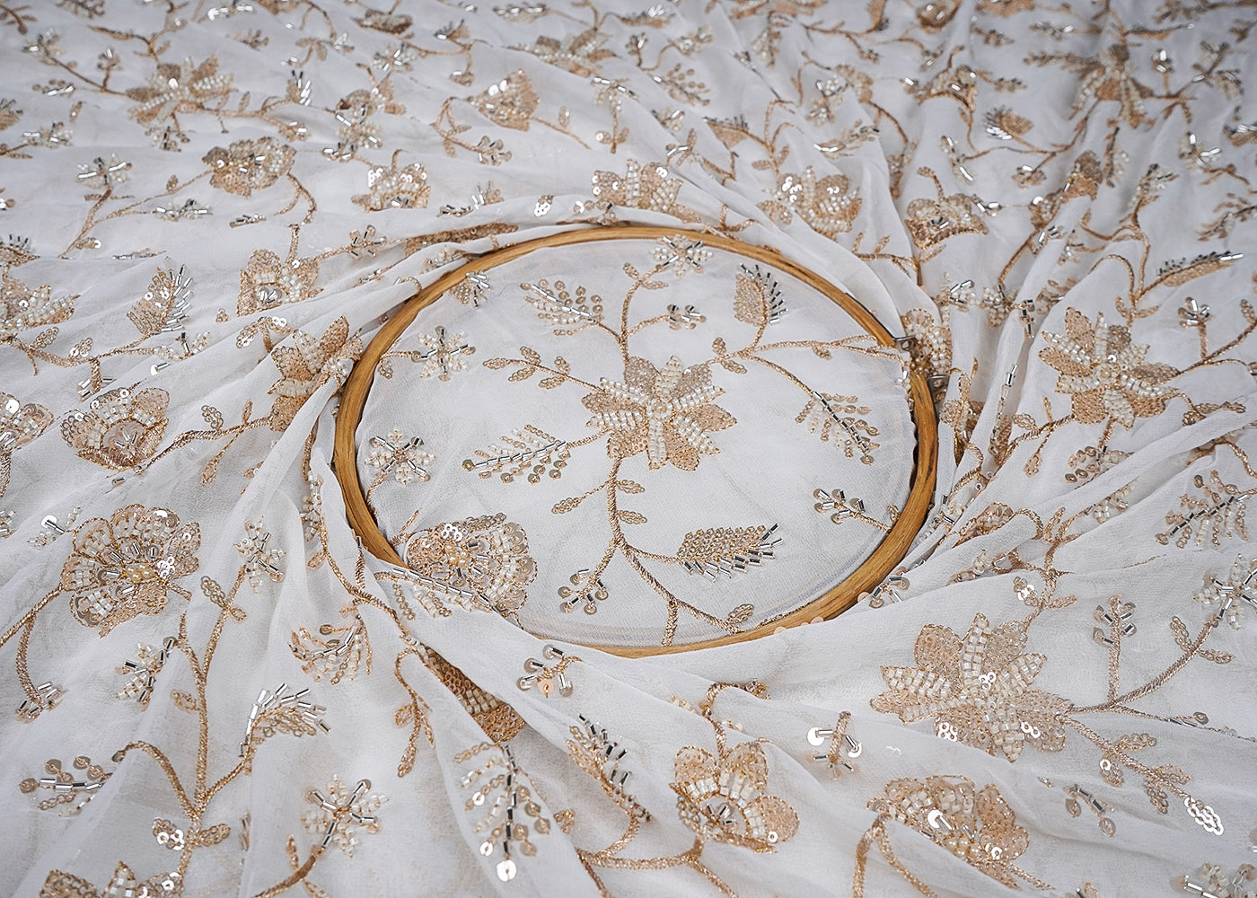 White Dyeable Georgette Fabric With All Over Sequins, Bead, Katdana And Zari Work 16627