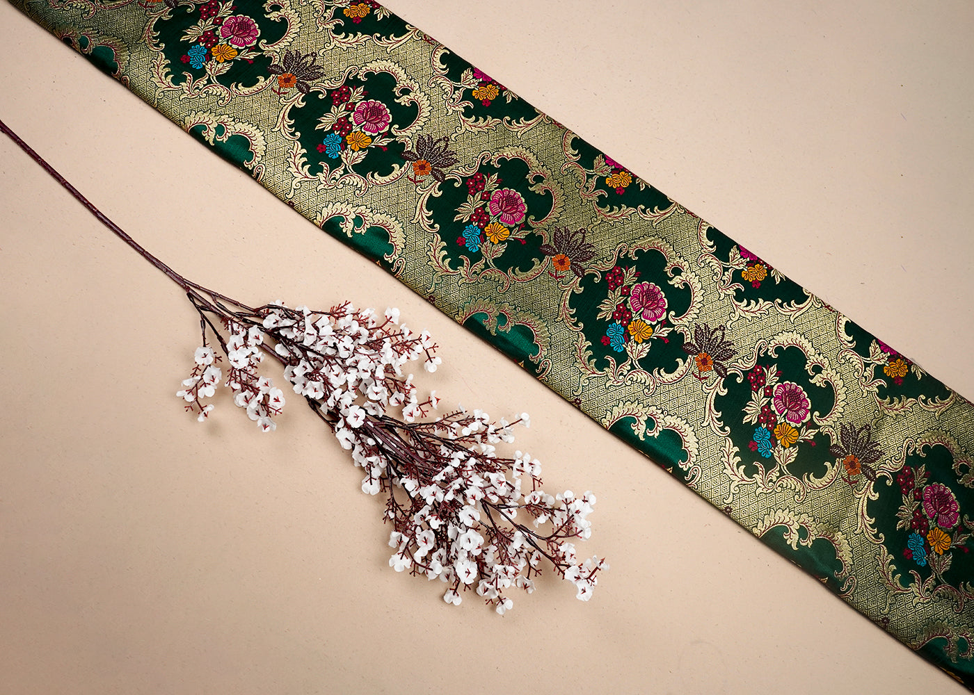 Bottle Green Banarasi Brocade Fabric With All Over Thread And Zari Handloom 16634