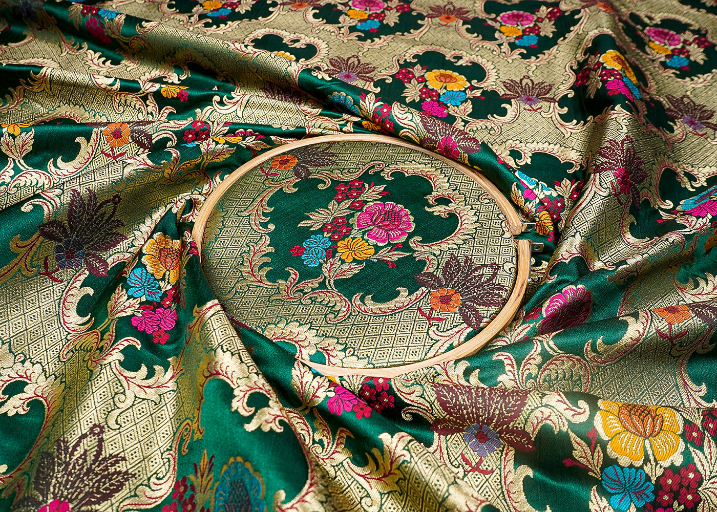 Bottle Green Banarasi Brocade Fabric With All Over Thread And Zari Handloom 16634
