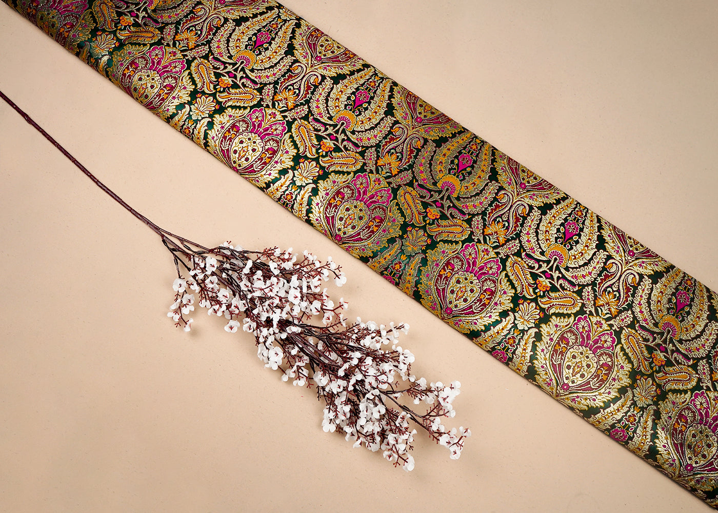 Bottle Green Banarasi Brocade Fabric With All Over Thread And Zari Handloom 16639