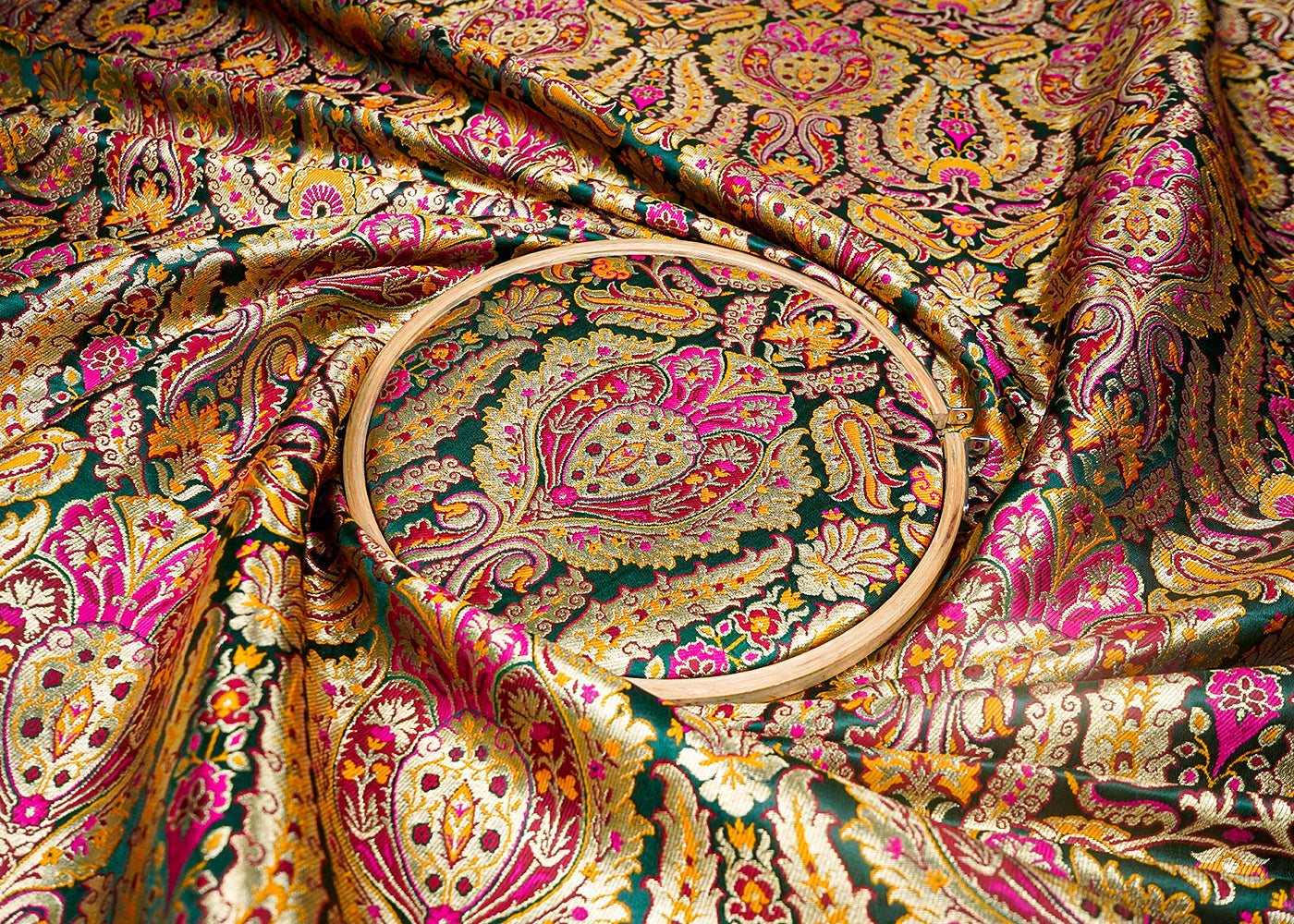 Bottle Green Banarasi Brocade Fabric With All Over Thread And Zari Handloom 16639