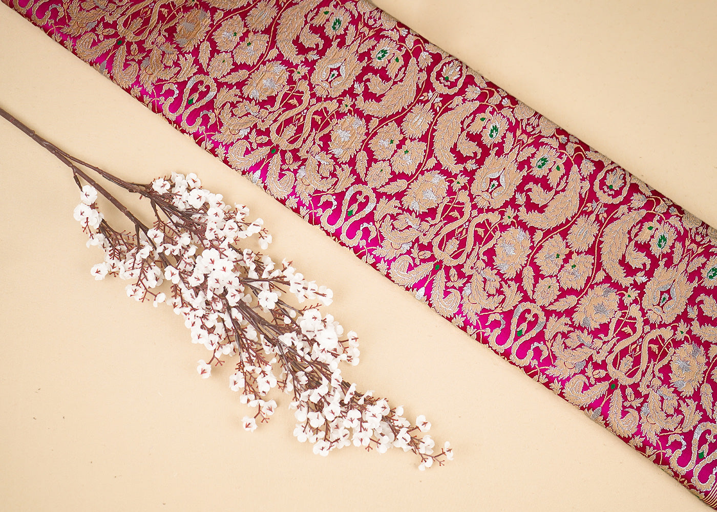 Pink Pure Banarasi Brocade Fabric With All Over Thread And Zari Handloom 16640