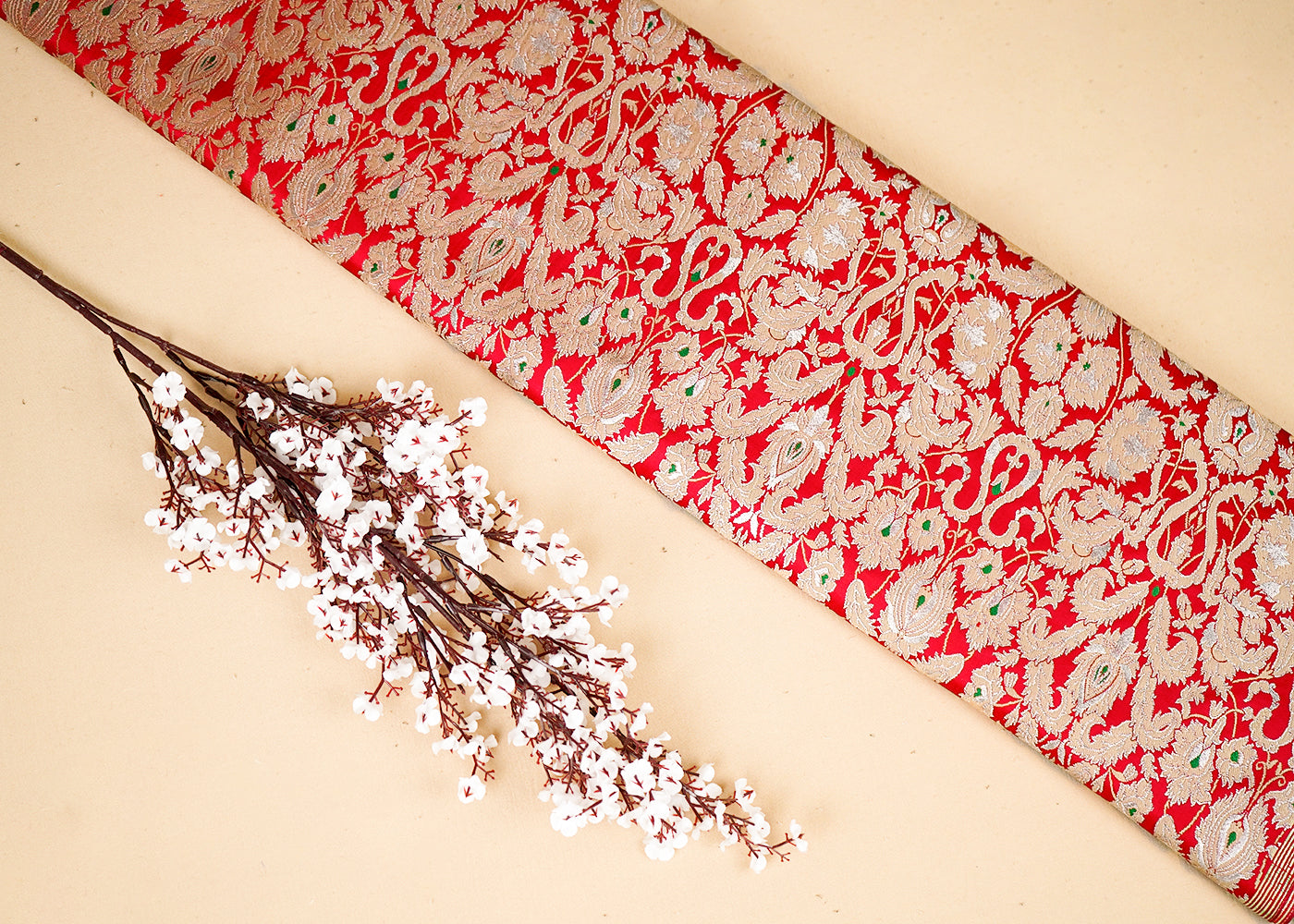 Red Banarasi Brocade Fabric With All Over Thread And Zari Handloom 16641