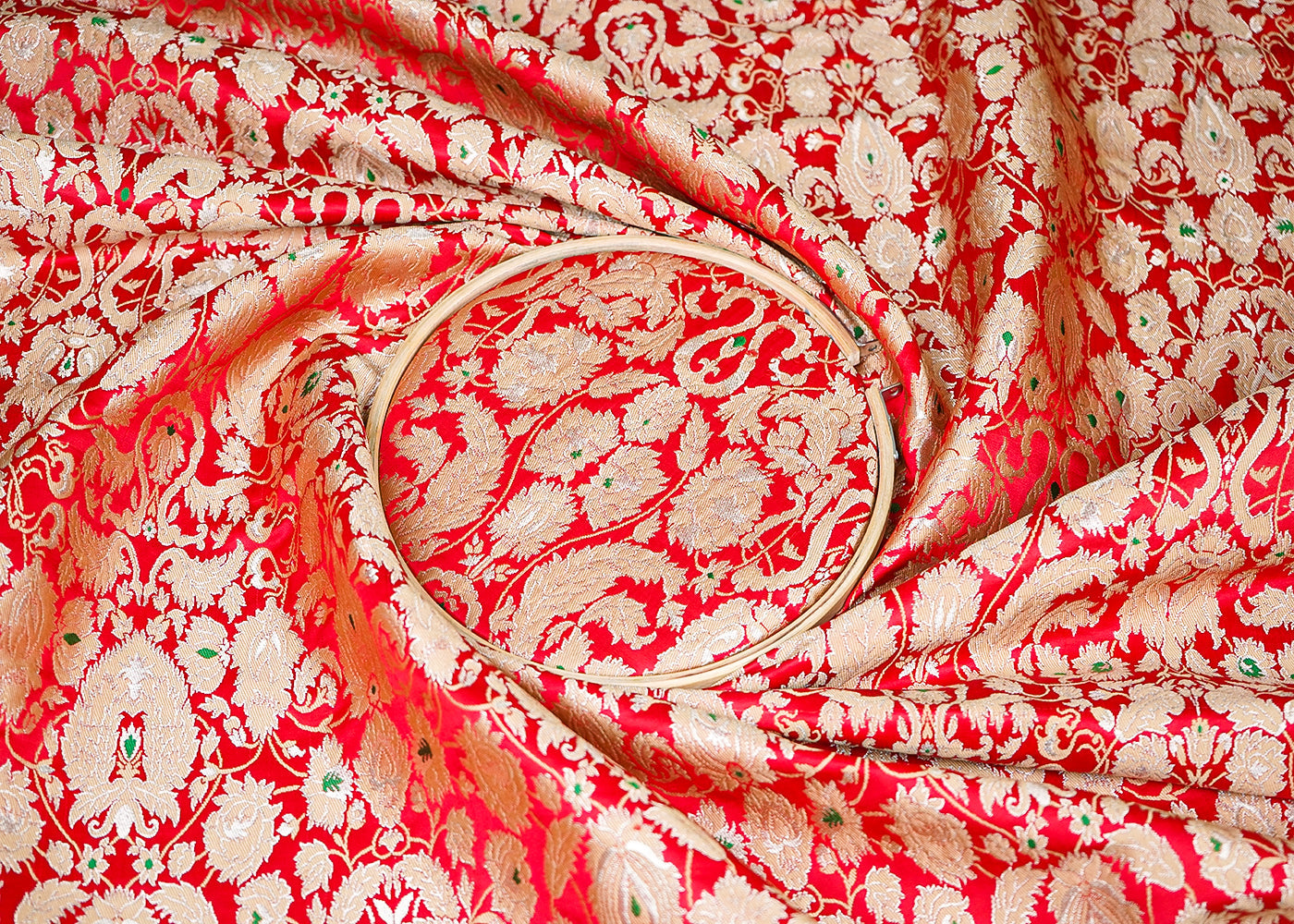 Red Banarasi Brocade Fabric With All Over Thread And Zari Handloom 16641