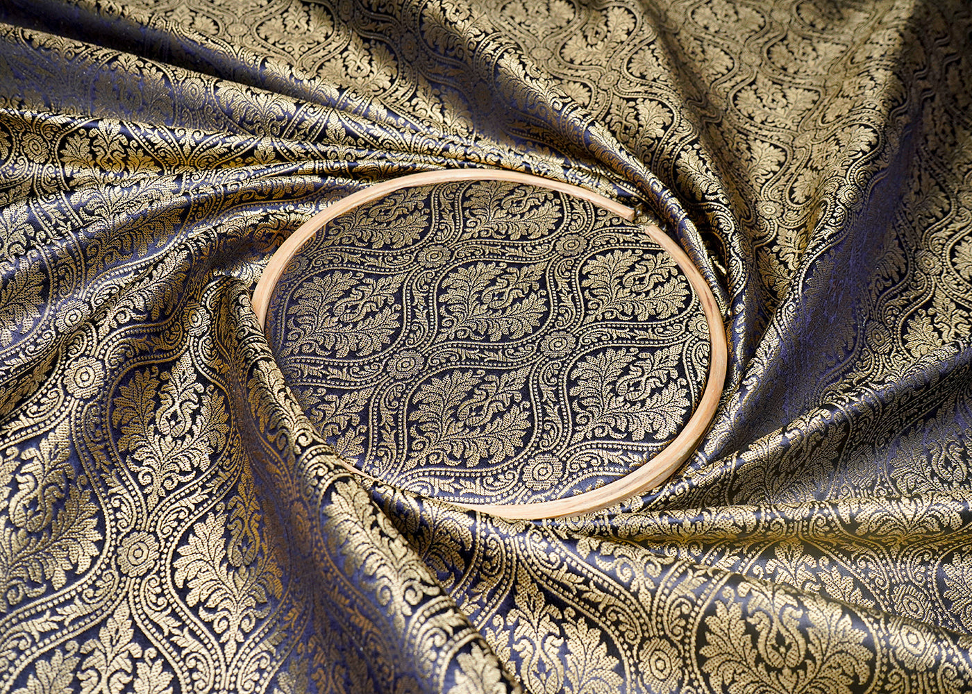 Navy Blue Banarasi Brocade Fabric With All Over Golden Zari Handloom 16642