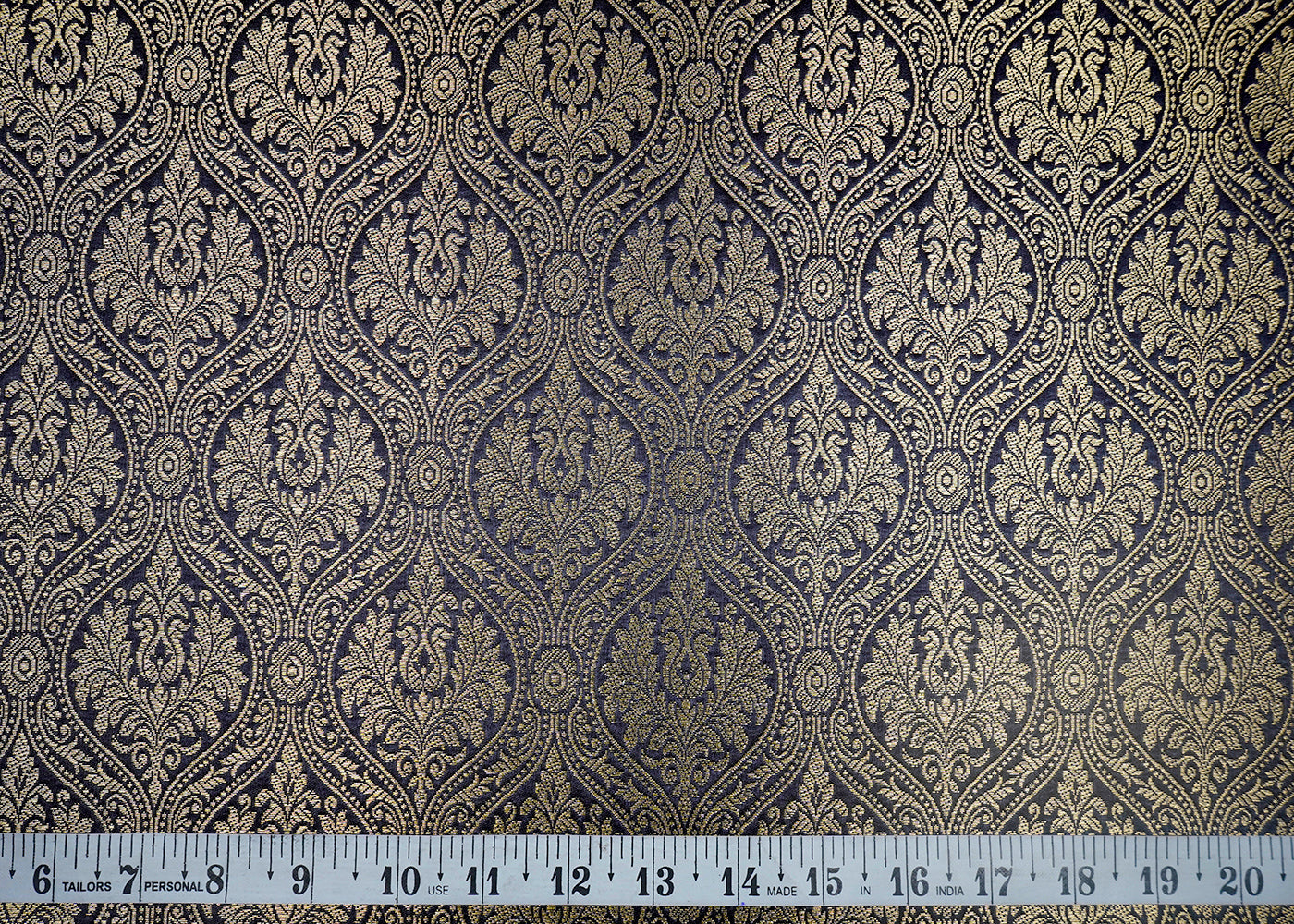 Navy Blue Banarasi Brocade Fabric With All Over Golden Zari Handloom 16642