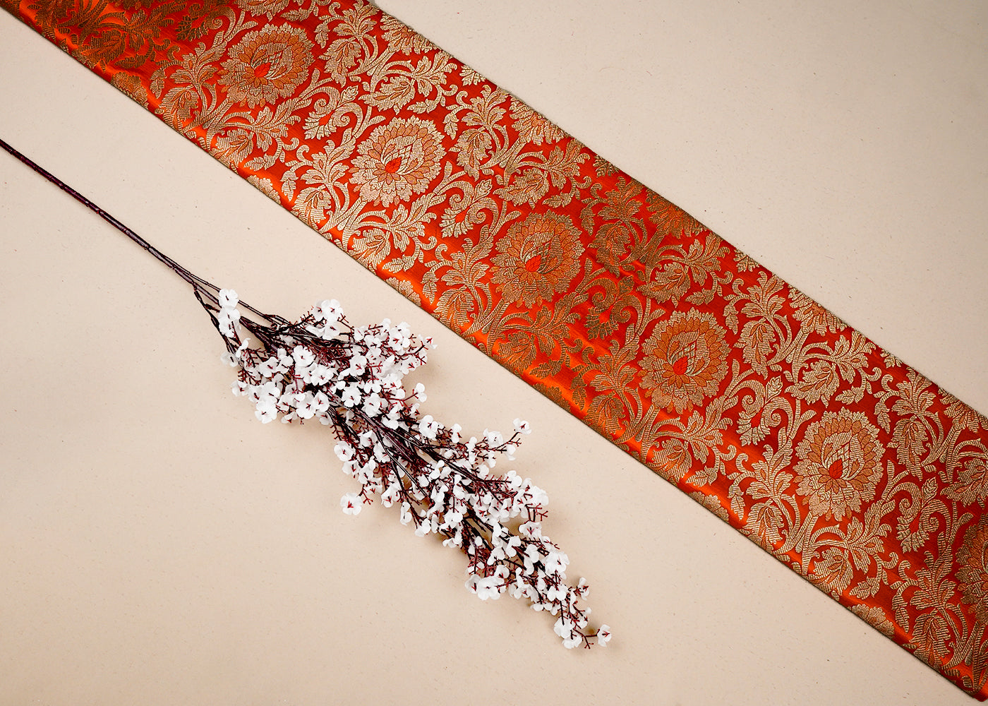 Orange Banarasi Brocade Fabric With All Over Golden Zari Handloom 16646