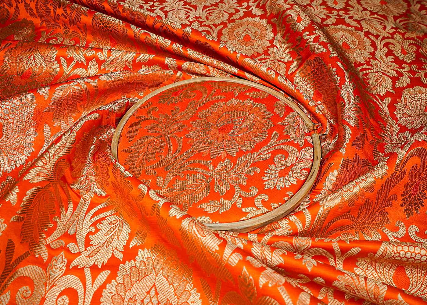 Orange Banarasi Brocade Fabric With All Over Golden Zari Handloom 16646