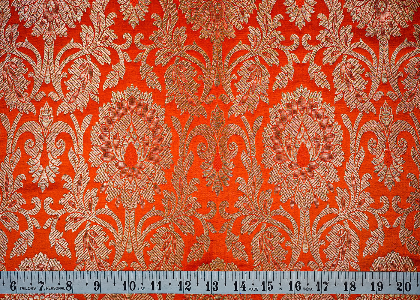 Orange Banarasi Brocade Fabric With All Over Golden Zari Handloom 16646