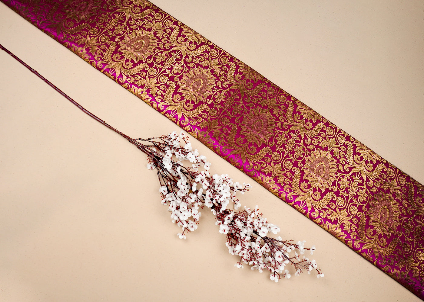 Pink Banarasi Brocade Fabric With All Over Golden Zari Handloom 16648