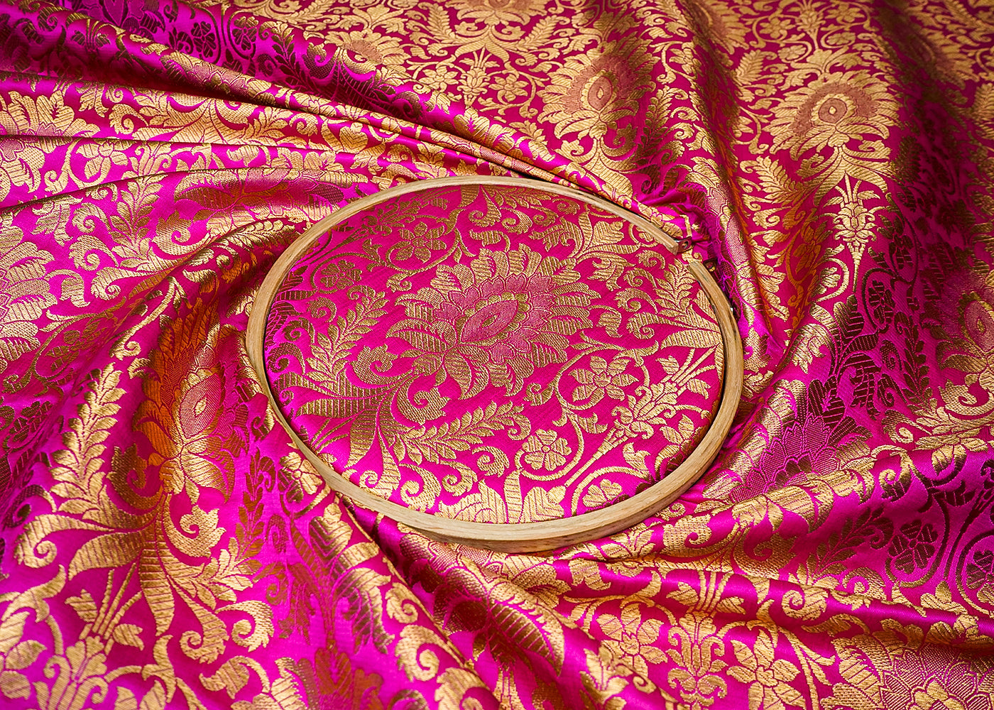 Pink Banarasi Brocade Fabric With All Over Golden Zari Handloom 16648