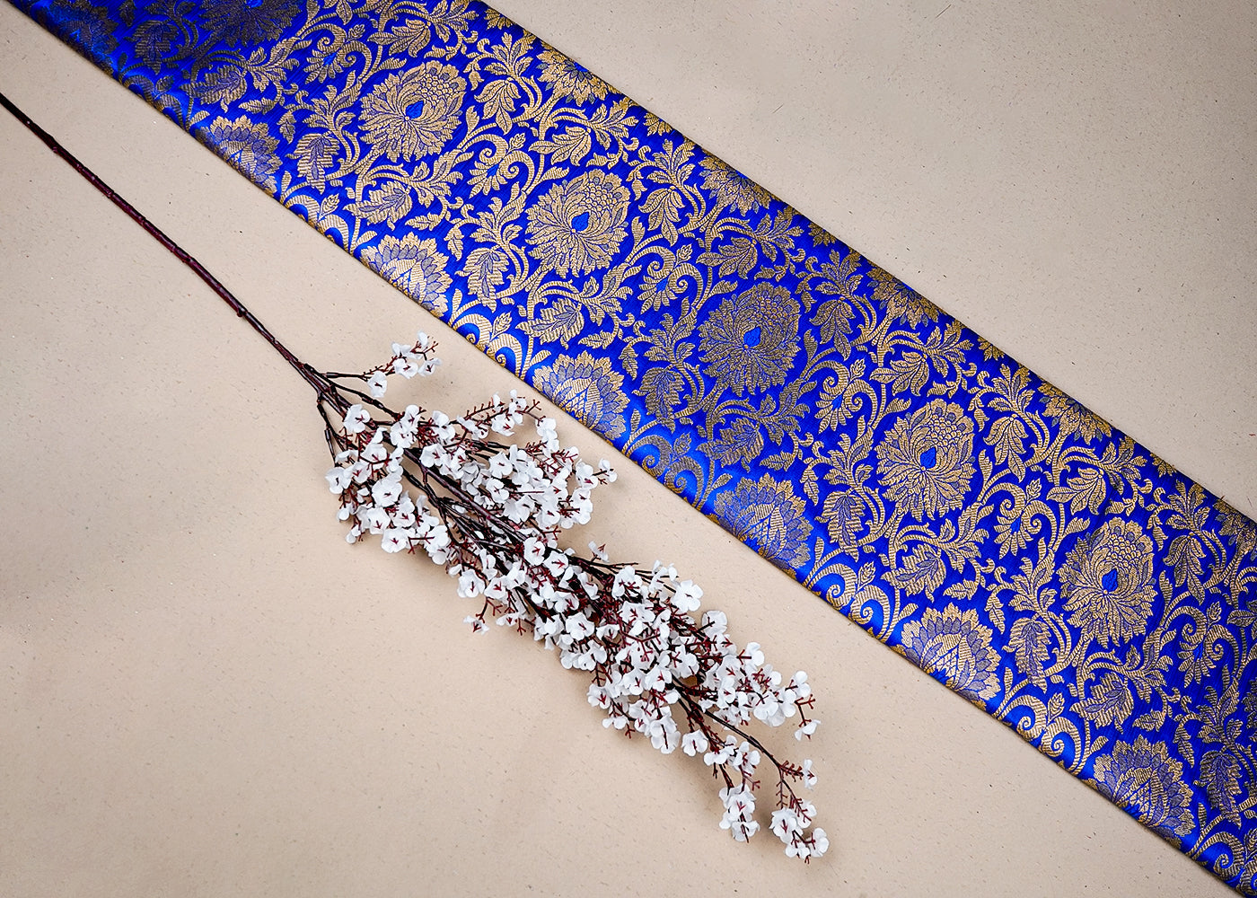 Royal Blue Banarasi Brocade Fabric With All Over Golden Zari Handloom 16649