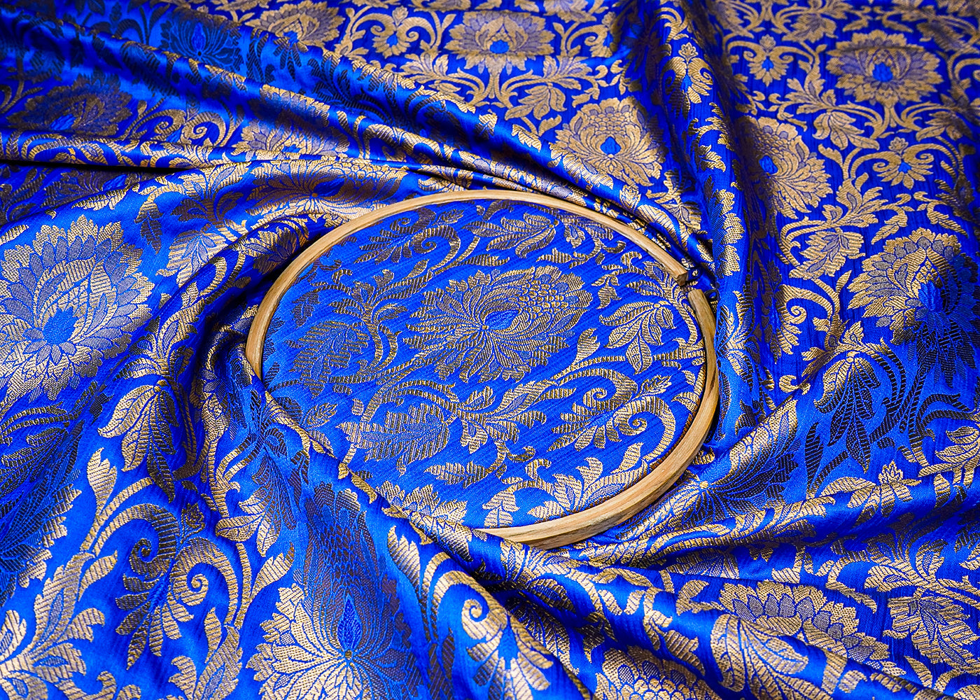 Royal Blue Banarasi Brocade Fabric With All Over Golden Zari Handloom 16649