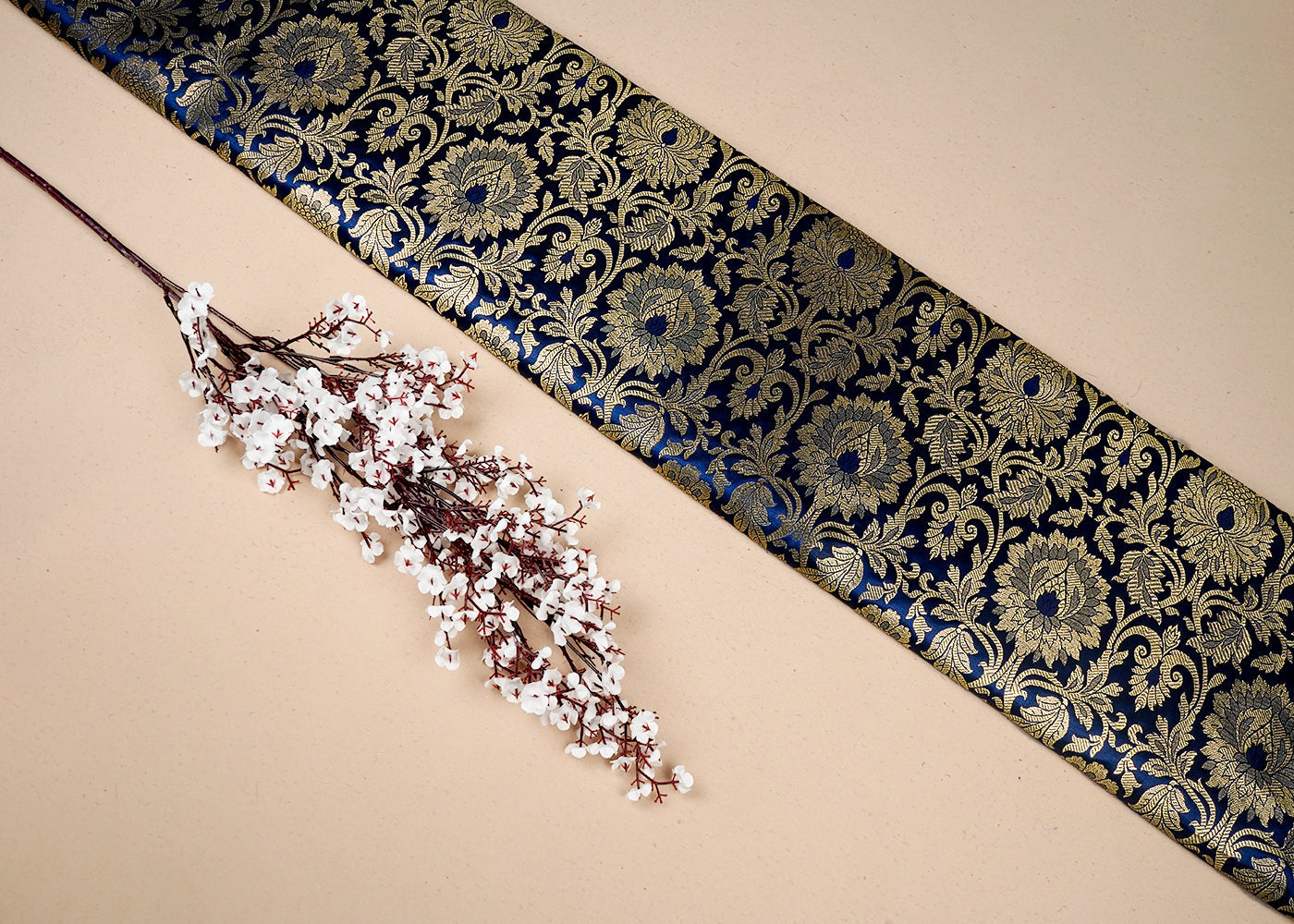Navy Blue Banarasi Brocade Fabric With All Over Golden Zari Handloom 16650