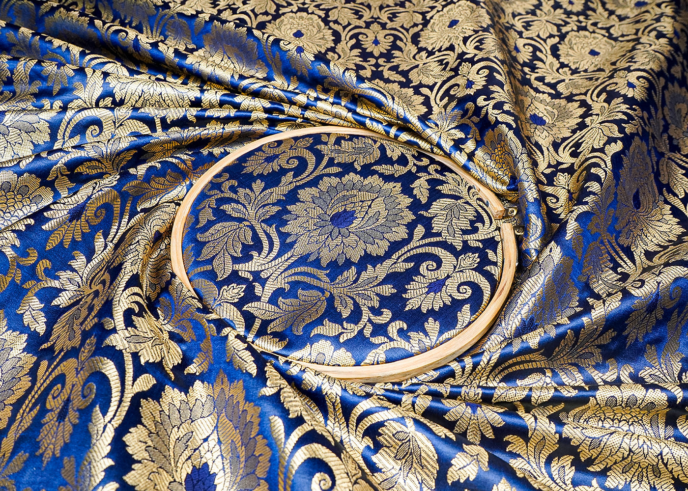 Navy Blue Banarasi Brocade Fabric With All Over Golden Zari Handloom 16650