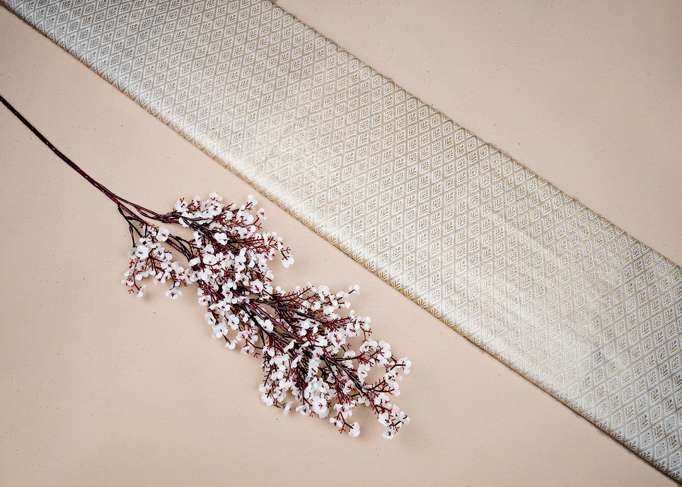 White Dyeable Banarasi Brocade Fabric With All Over Golden Zari Handloom 16658