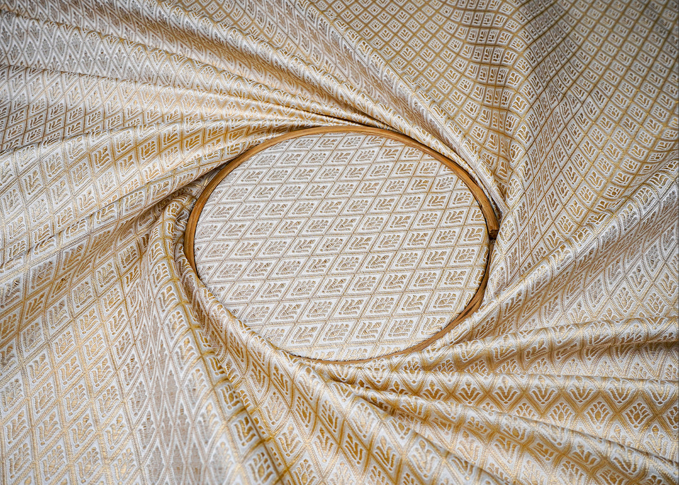 White Dyeable Banarasi Brocade Fabric With All Over Golden Zari Handloom 16658