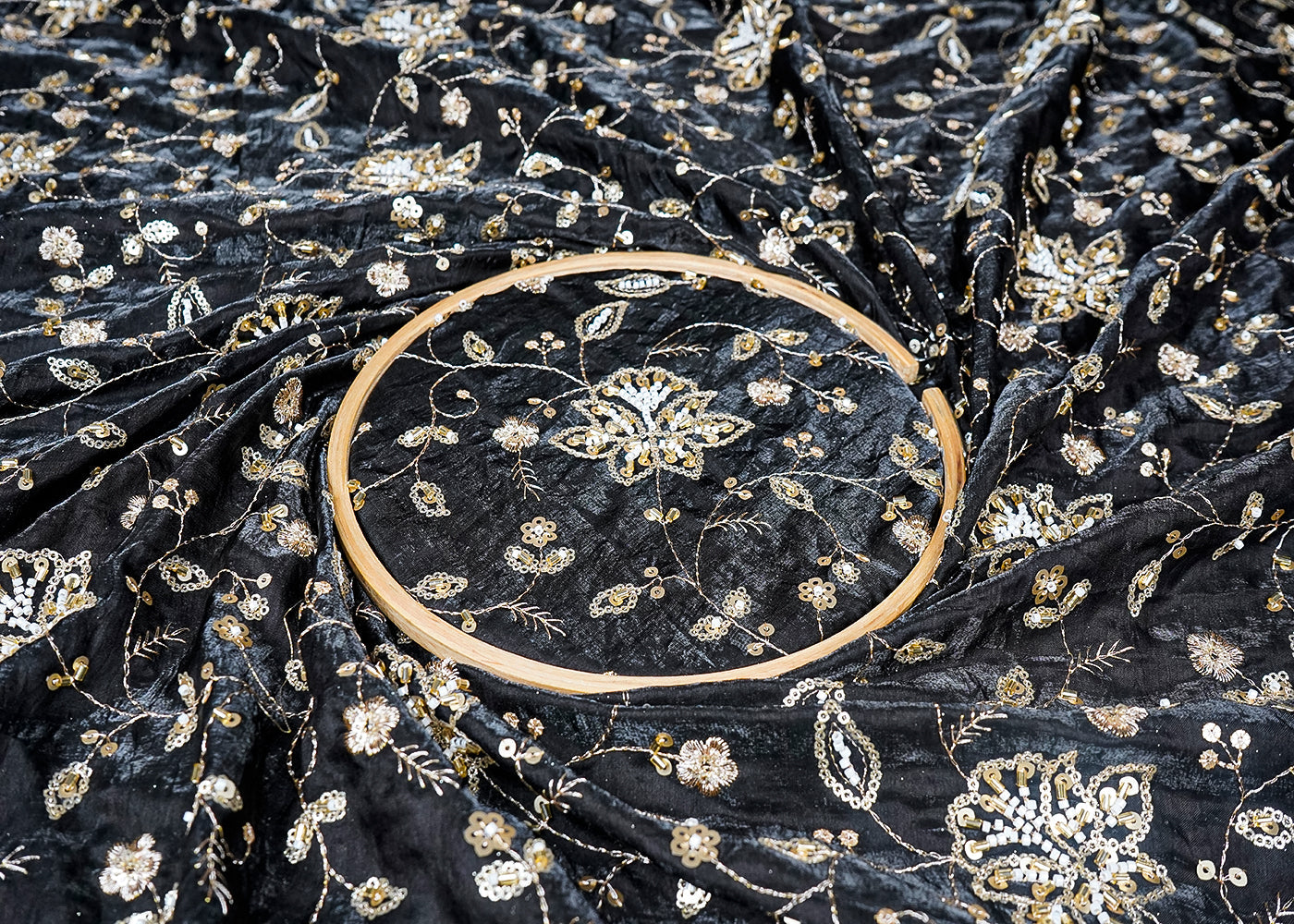 Black Diamond Silk Fabric With All Over Zari, Sequins, Bead And Katdana Work 16673