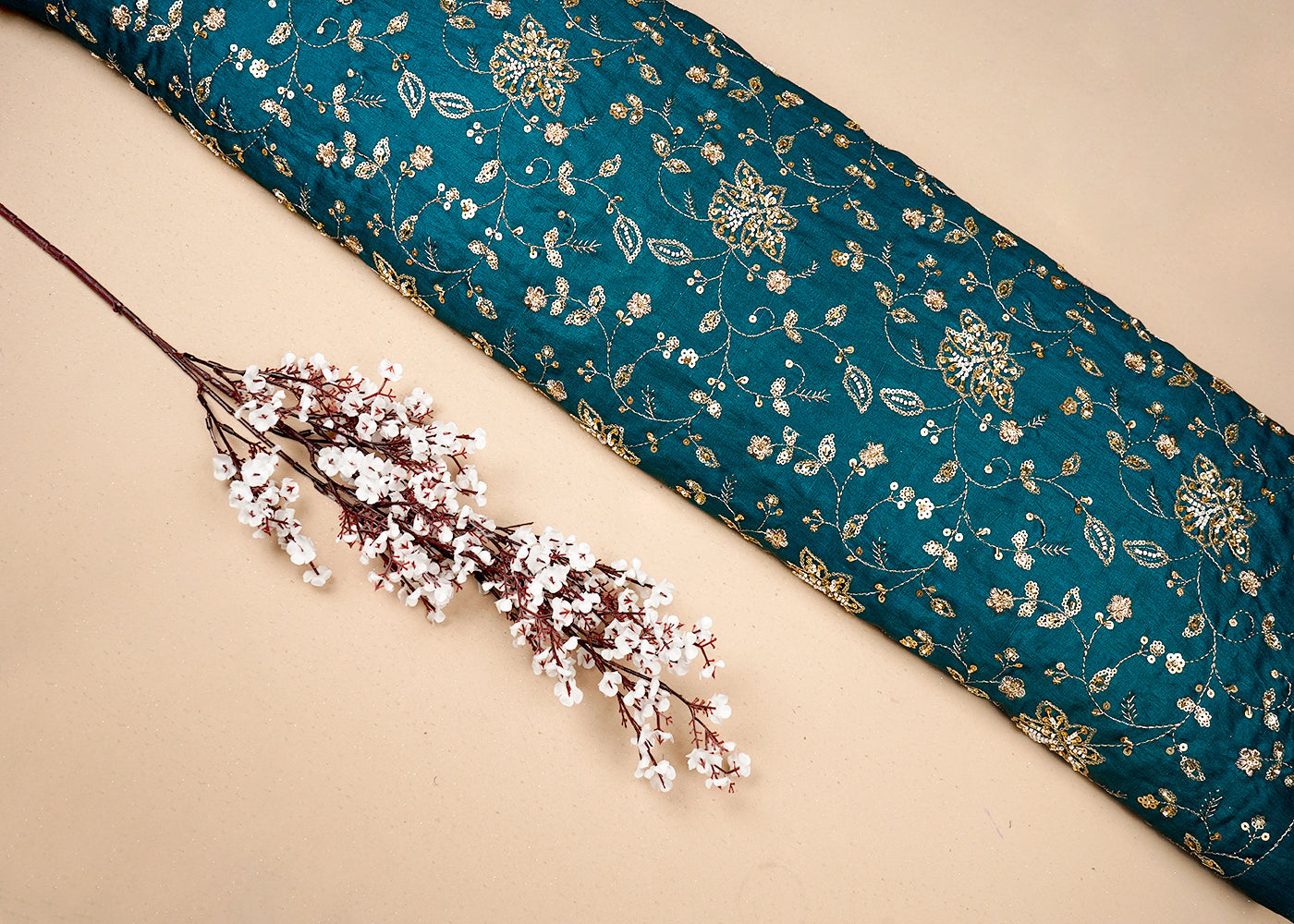 Teal Green Diamond Silk Fabric With All Over Zari, Sequins, Bead And Katdana Work 16674