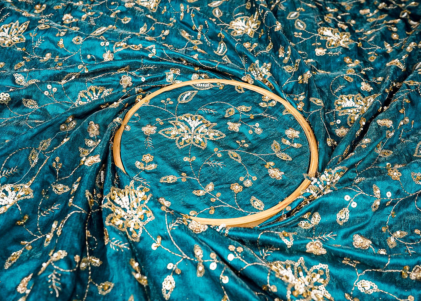 Teal Green Diamond Silk Fabric With All Over Zari, Sequins, Bead And Katdana Work 16674