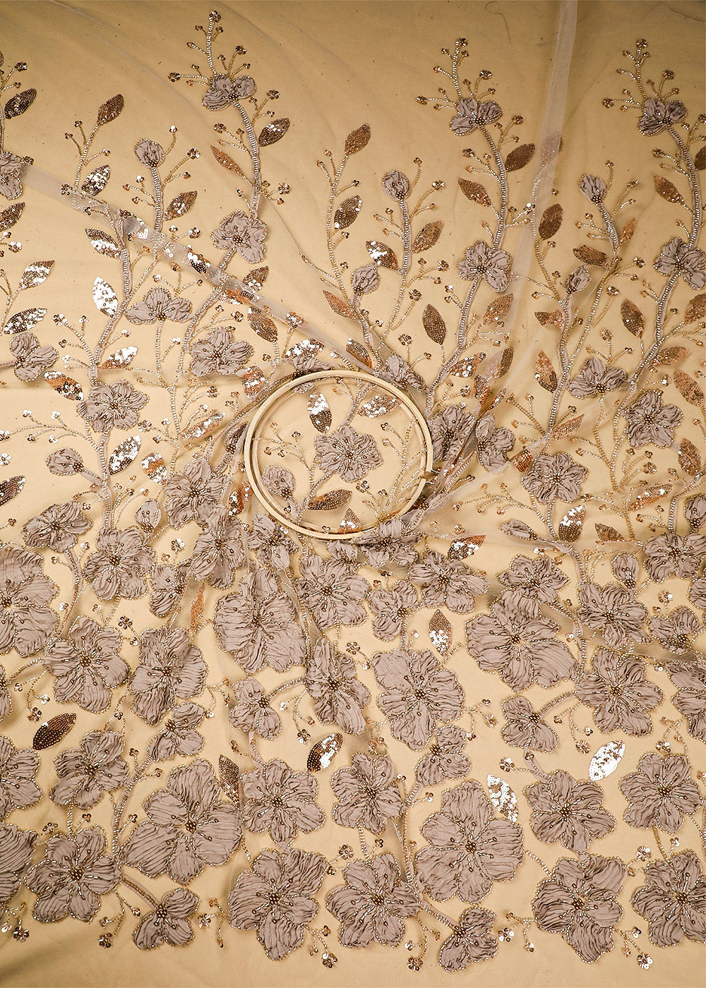 Beige Imported Net Fabric With All Over Bead, Katdana And Applique Work 16683