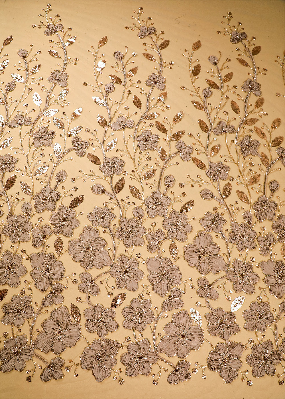 Beige Imported Net Fabric With All Over Bead, Katdana And Applique Work 16683