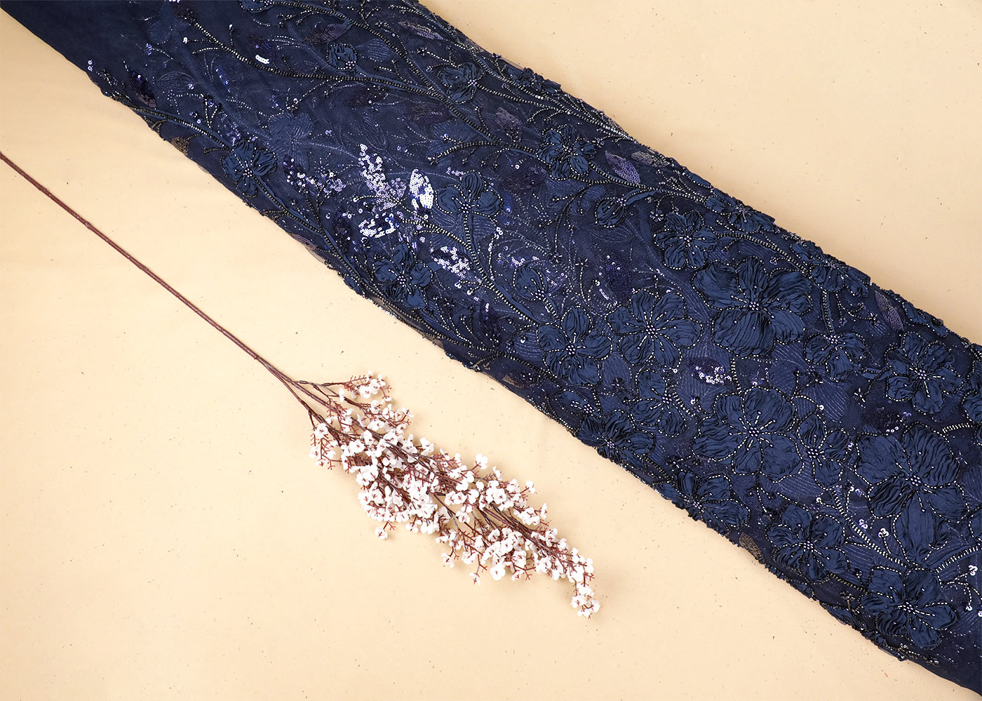 Navy Blue Imported Net Fabric With All Over Bead, Katdana And Applique Work 16683