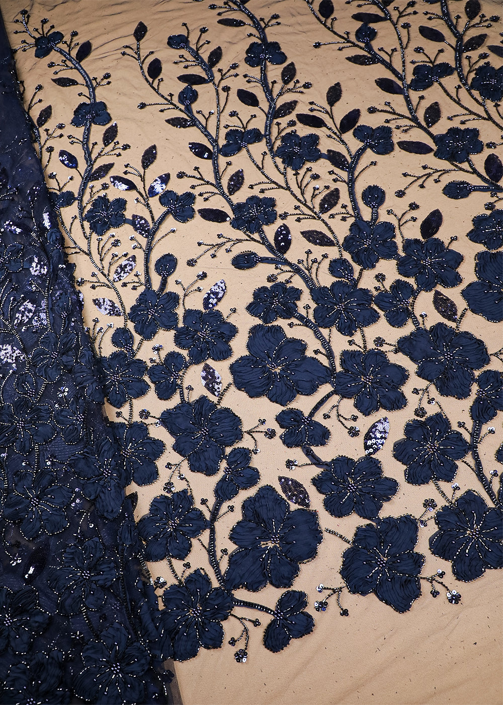 Navy Blue Imported Net Fabric With All Over Bead, Katdana And Applique Work 16683