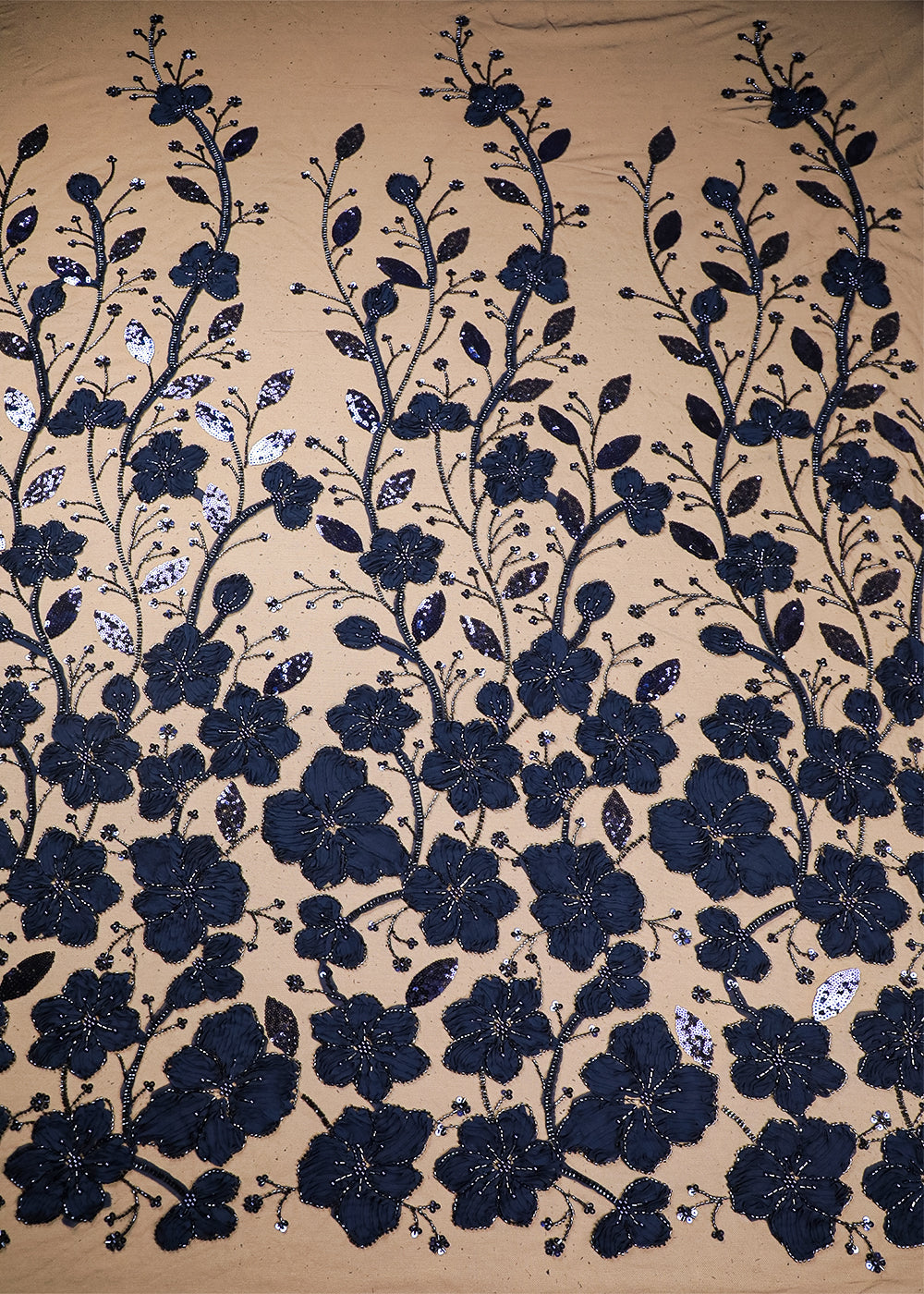 Navy Blue Imported Net Fabric With All Over Bead, Katdana And Applique Work 16683